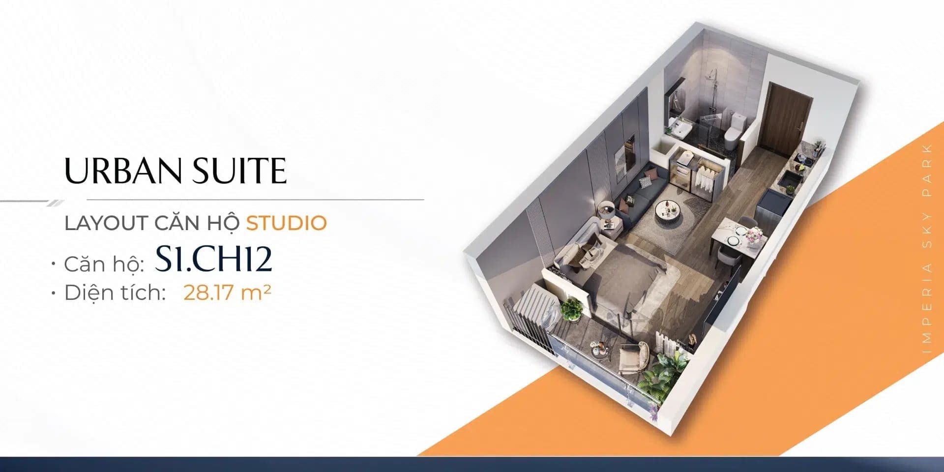 Bản vẽ kỹ thuật mặt bằng căn hộ studio Imperia Green Paradise thể hiện rõ các thông số diện tích thông thủy và diện tích tim tường.