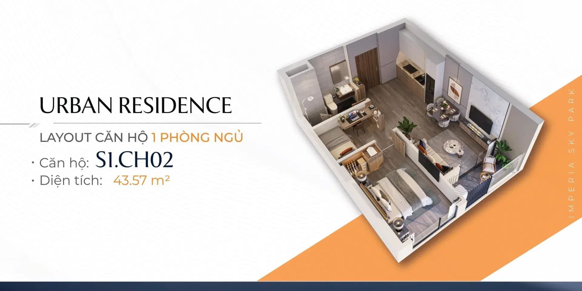Căn hộ 1 phòng ngủ Imperia Green Paradise sở hữu logia rộng rãi kết nối trực tiếp với phòng khách để phục vụ mục đích tiện nghi