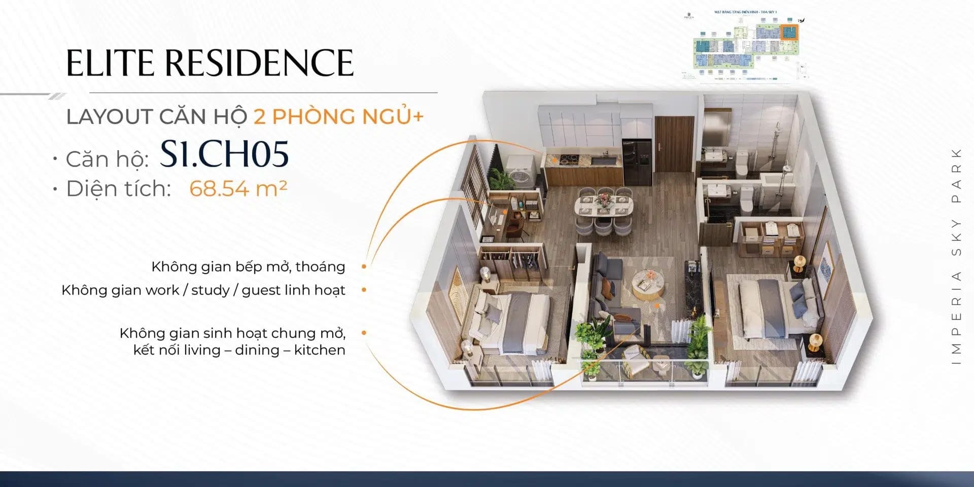 Căn hộ hai phòng ngủ Imperia Green Paradise sử dụng hệ thống cửa kính kịch trần giúp tối ưu hóa diện tích tiếp sáng tự nhiên.