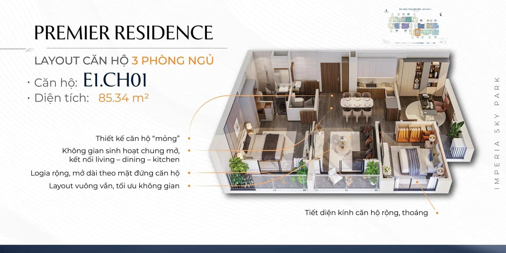 Sản phẩm căn hộ ba phòng ngủ tại Imperia Green Paradise được trang bị hệ thống điều hòa âm trần và thiết bị vệ sinh cao cấp.